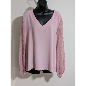 Fashion Collection Blouse Pom Pom Sheer Sleeve V Neck Top Pink Size L
